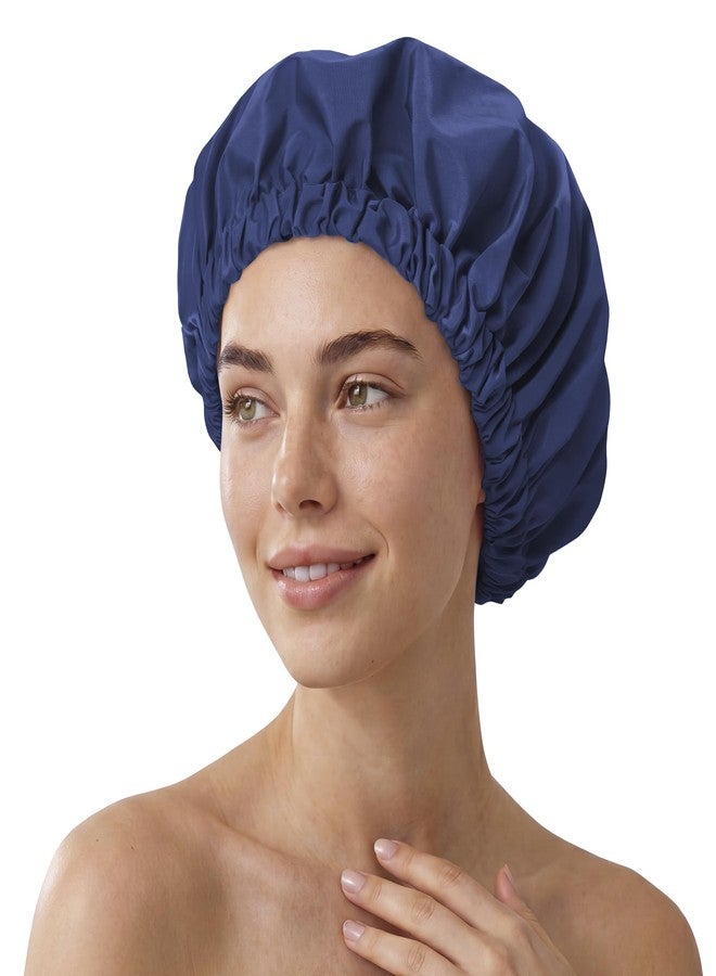 Edoneery Reusable Shower Cap for Women, Large Waterproof Shower Bonnet with Elastic Band, Washable Bath Hair Cap for Long, Curly Hair, Braids, Daily Shower, Home Spa, Travel(Navy - Image 1