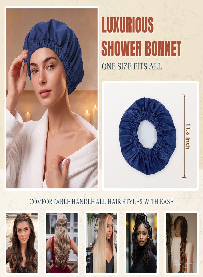 Edoneery Reusable Shower Cap for Women, Large Waterproof Shower Bonnet with Elastic Band, Washable Bath Hair Cap for Long, Curly Hair, Braids, Daily Shower, Home Spa, Travel(Navy - Image 5
