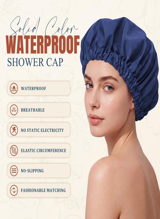 Edoneery Reusable Shower Cap for Women, Large Waterproof Shower Bonnet with Elastic Band, Washable Bath Hair Cap for Long, Curly Hair, Braids, Daily Shower, Home Spa, Travel(Navy - Image 3
