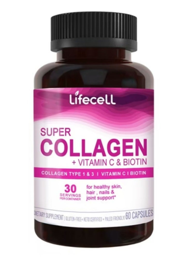 لايفسل ببتيدات الكولاجين الفائقة + فيتامين C والبيوتين، 3 جم كولاجين لكل حصة، خالي من الغلوتين، يعزز صحة الشعر، البشرة الجميلة، ودعم الأظافر، مكمل غذائي، 60 كبسولة - Image 1