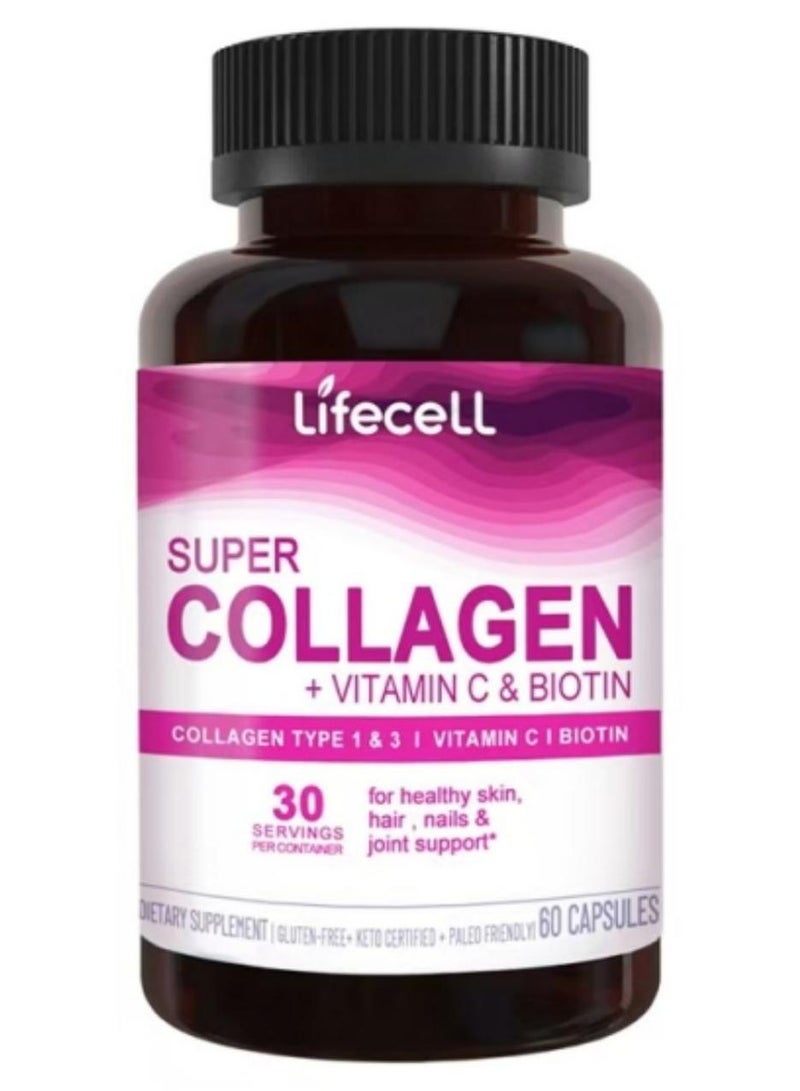 لايفسل ببتيدات الكولاجين الفائقة + فيتامين C والبيوتين، 3 جم كولاجين لكل حصة، خالي من الغلوتين، يعزز صحة الشعر، البشرة الجميلة، ودعم الأظافر، مكمل غذائي، 60 كبسولة - Image 1