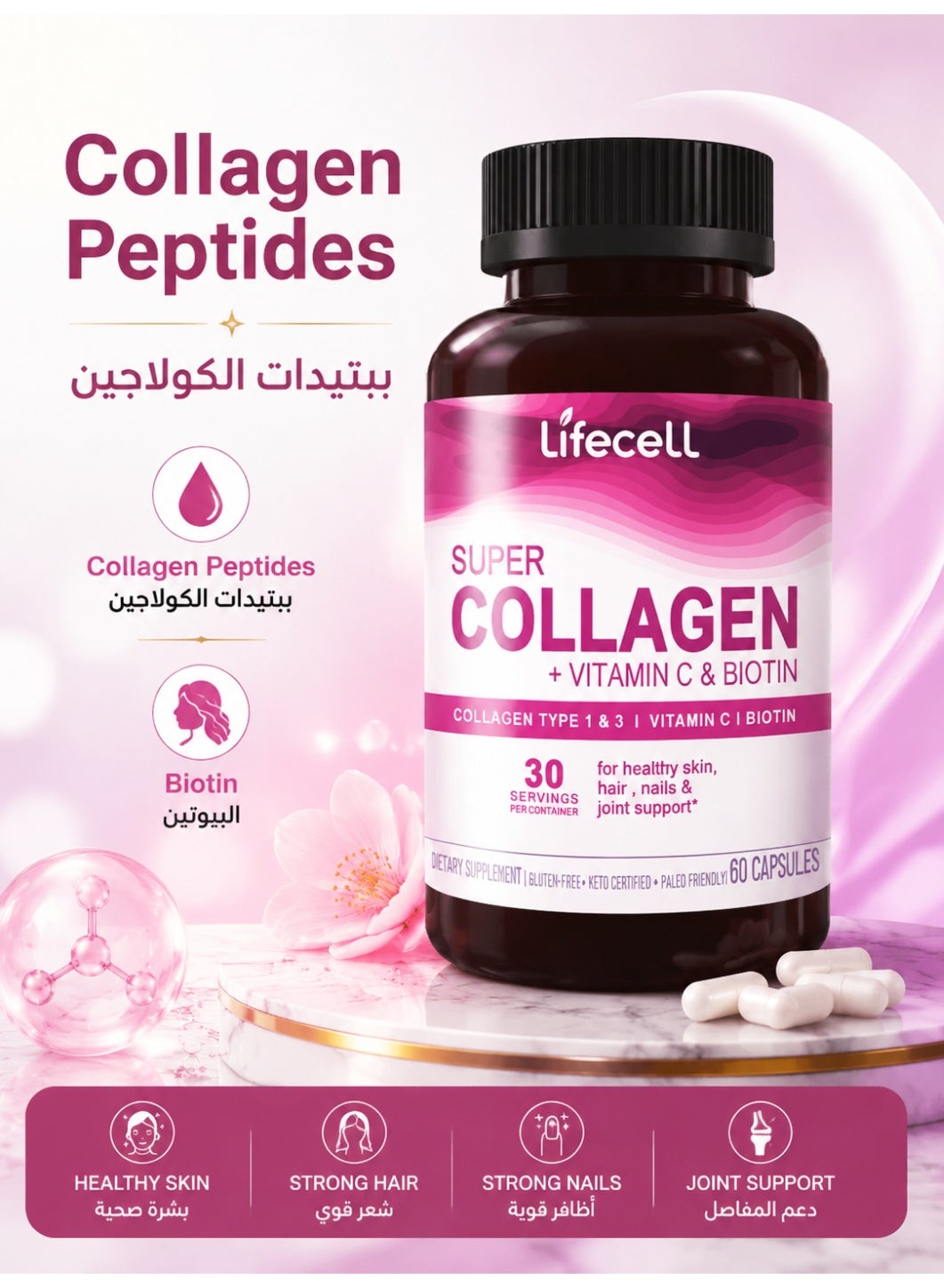 Lifecell Super Collagen Peptides + Vitamin C & Biotin, 3g Collagen Per Serving, Gluten Free, Promotes Healthy Hair, Beautiful Skin, and Nail Support, Dietary Supplement, 60 Capsules | Best Price KSA