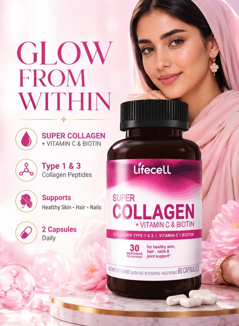 Lifecell Super Collagen Peptides + Vitamin C & Biotin, 3g Collagen Per Serving, Gluten Free, Promotes Healthy Hair, Beautiful Skin, and Nail Support, Dietary Supplement, 60 Capsules - Image 1