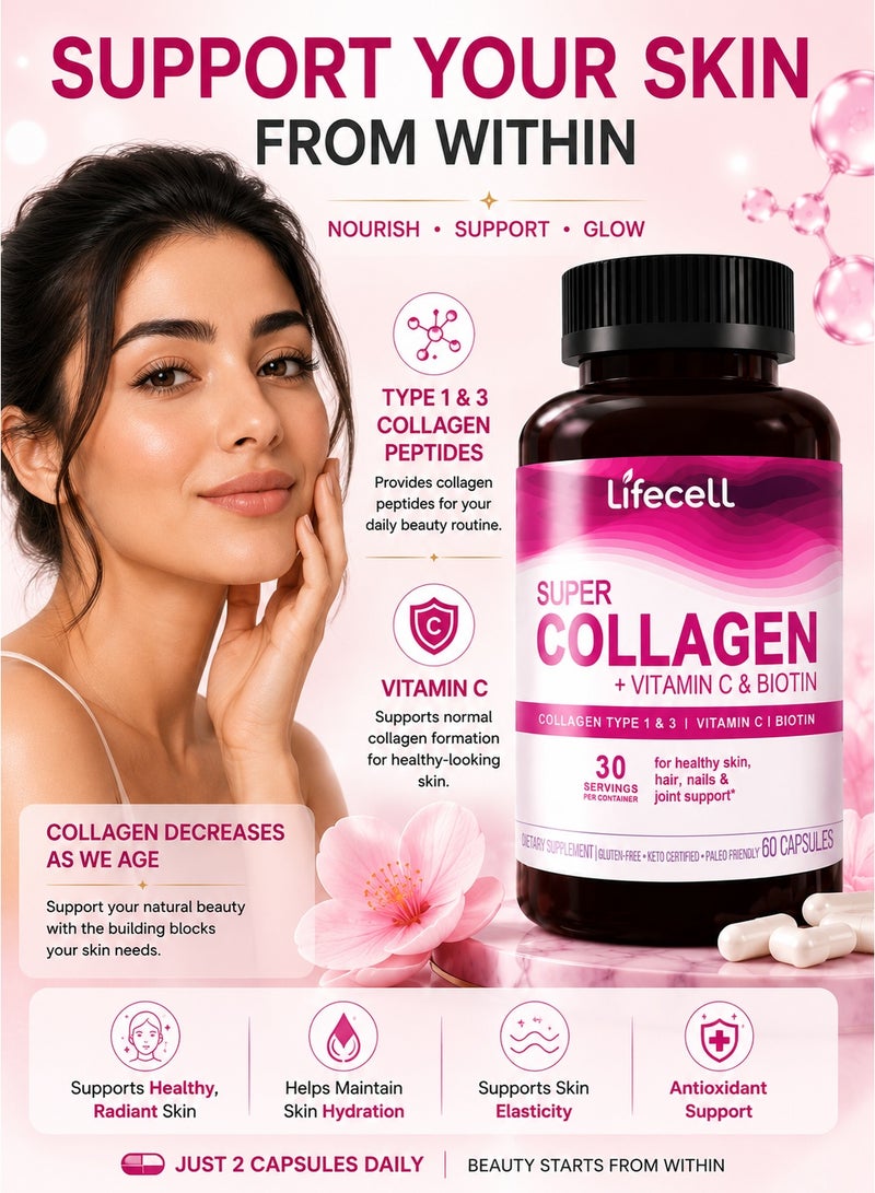 Lifecell Super Collagen Peptides + Vitamin C & Biotin, 3g Collagen Per Serving, Gluten Free, Promotes Healthy Hair, Beautiful Skin, and Nail Support, Dietary Supplement, 60 Capsules - Image 3