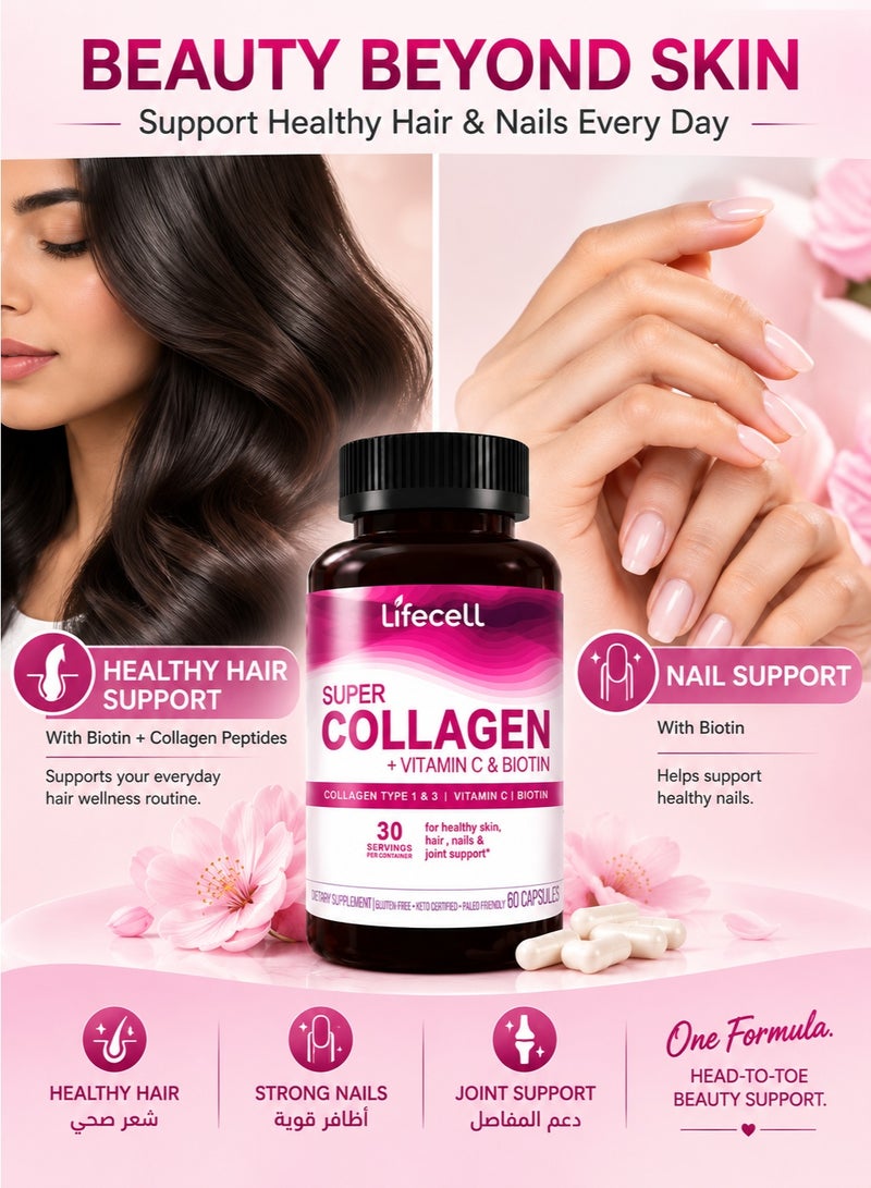 Lifecell Super Collagen Peptides + Vitamin C & Biotin, 3g Collagen Per Serving, Gluten Free, Promotes Healthy Hair, Beautiful Skin, and Nail Support, Dietary Supplement, 60 Capsules - Image 5