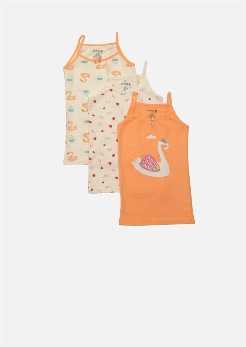 Defne Heart Swan Patterned Rope Suspender Combed Cotton Elastane 3-Piece Girls Undershirt Set