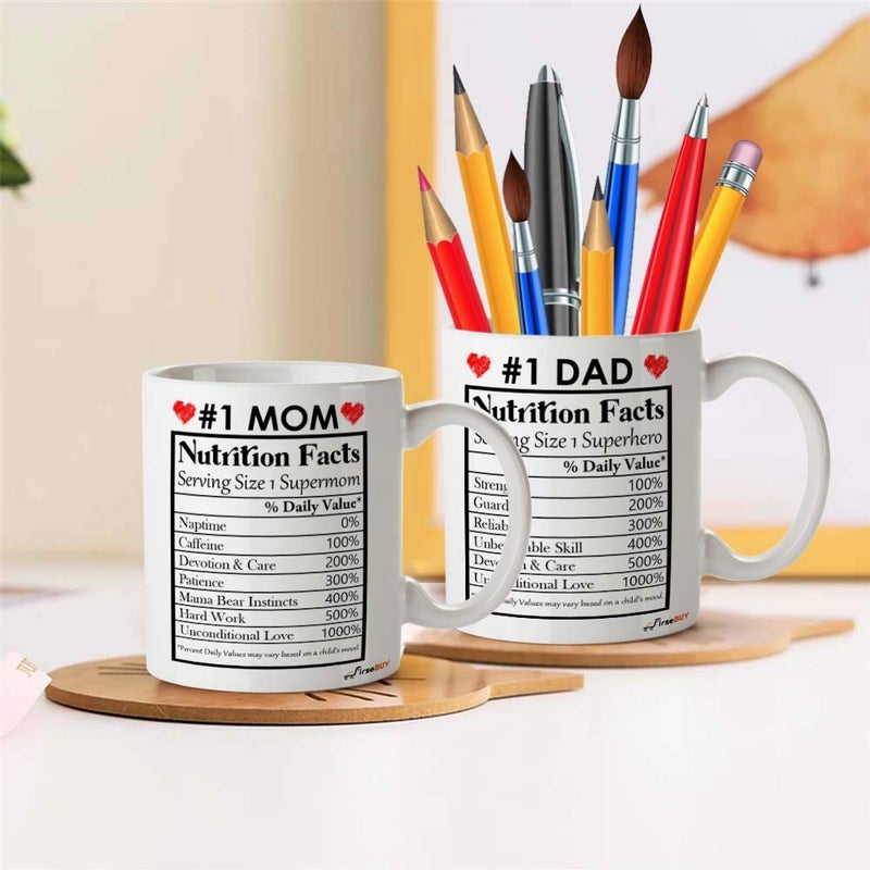 FirseBUY Mom and Dad Funny Nutrition Facts Coffee Mugs White Set of 2 11oz - Image 2