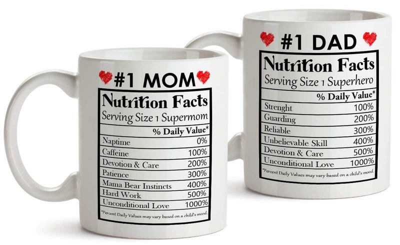 FirseBUY Mom and Dad Funny Nutrition Facts Coffee Mugs White Set of 2 11oz - Image 1