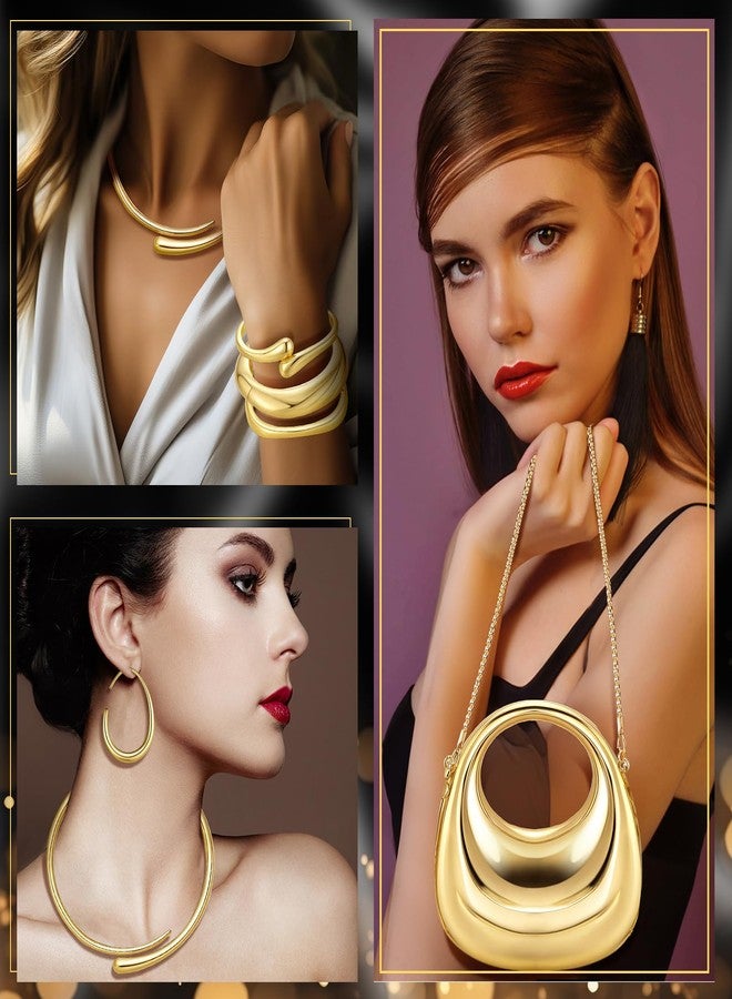 Quelay 6 Pcs Gold Clutch Purse Jewelry Set for Women with Gold Acrylic Handbags Chunky Bangle Bracelets Chunky Choker Collar Necklace and Lightweight Teardrop Hoop Earrings for Women Prom Party - Image 4
