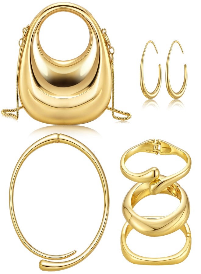 Quelay 6 Pcs Gold Clutch Purse Jewelry Set for Women with Gold Acrylic Handbags Chunky Bangle Bracelets Chunky Choker Collar Necklace and Lightweight Teardrop Hoop Earrings for Women Prom Party - Image 1