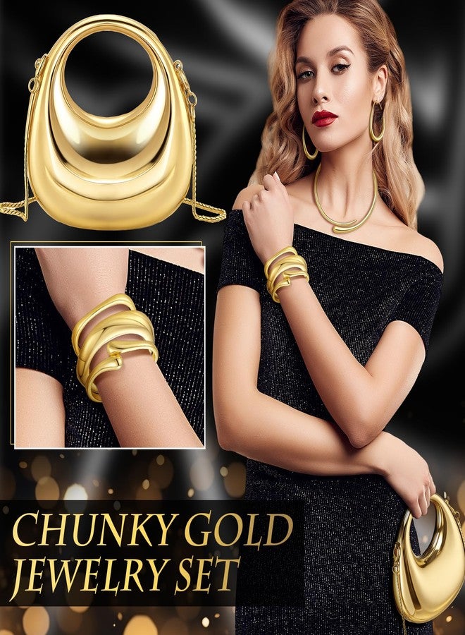 Quelay 6 Pcs Gold Clutch Purse Jewelry Set for Women with Gold Acrylic Handbags Chunky Bangle Bracelets Chunky Choker Collar Necklace and Lightweight Teardrop Hoop Earrings for Women Prom Party - Image 2