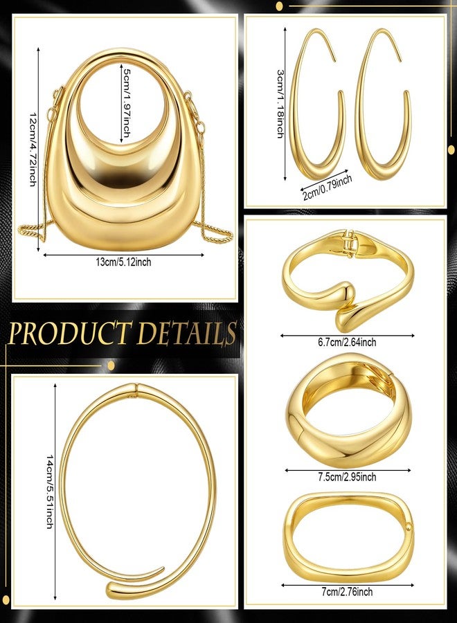 Quelay 6 Pcs Gold Clutch Purse Jewelry Set for Women with Gold Acrylic Handbags Chunky Bangle Bracelets Chunky Choker Collar Necklace and Lightweight Teardrop Hoop Earrings for Women Prom Party - Image 3