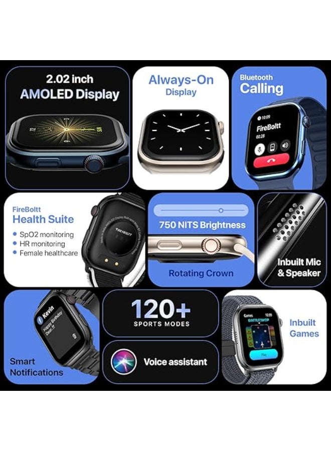 Fire-Boltt Brillia Smart Watch 2.02” Super AMOLED Display, Bluetooth Calling, SpO2, Heart Rate Monitor, 120+ Sports Modes, Fitness Tracker, Voice Assistant, Smart Watch for Man & Women - Image 3