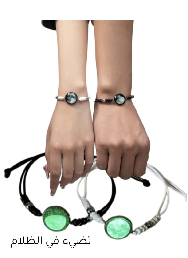 YUCCA - Natural Glow-in the Dark Woven Bracelet with Sky Design, Black Beads, for Gifting to Husband and Friends, 2 Pieces - Image 1