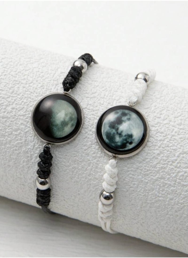 YUCCA - Natural Glow-in the Dark Woven Bracelet with Sky Design, Black Beads, for Gifting to Husband and Friends, 2 Pieces - Image 1