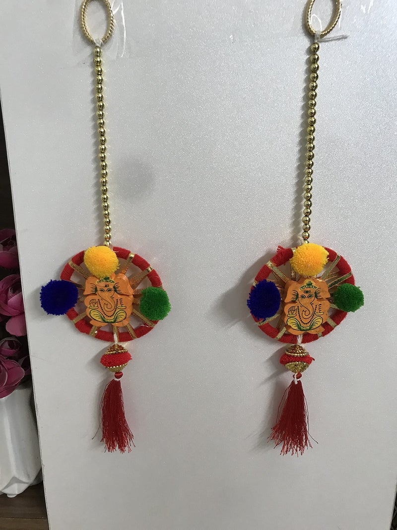 Aahum Handmade WallDoor Subh Ganesha Bandhanwar with Red Bangle Pompom String with Golden Beads Hanging Torans Bandhwar Decoration Item for Home Décor Diwali Festival,Navratri,Wedding (1 FT 2Strings) - Image 2