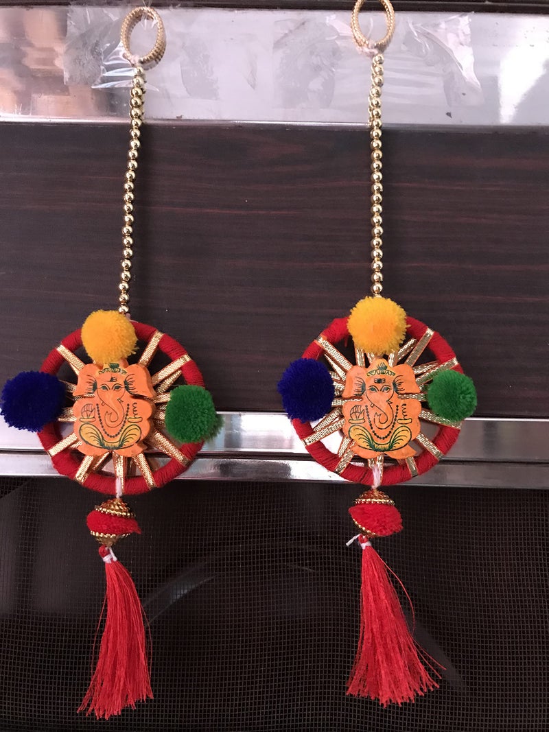 Aahum Handmade WallDoor Subh Ganesha Bandhanwar with Red Bangle Pompom String with Golden Beads Hanging Torans Bandhwar Decoration Item for Home Décor Diwali Festival,Navratri,Wedding (1 FT 2Strings) - Image 1