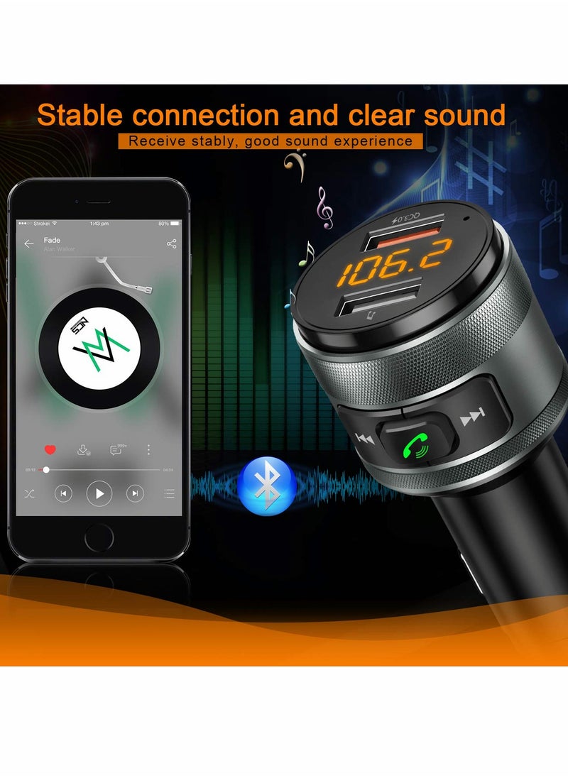 Excefore - Bluetooth 5.0 FM Transmitter for Car, 3.0 Wireless Bluetooth FM Radio Adapter Music Player FM Transmitter Car Kit with Hands-Free Calling and 2 USB Ports Charger Support USB Drive - Image 1