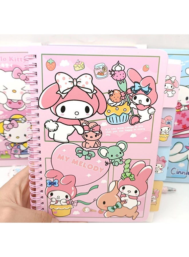 سانريو دفتر ملاحظات لطيف برسومات كرتونية كاواي مع قلم، طقم دفتر ملاحظات يدوي للبنات، مناسب لمذكرات المدرسة، دفتر ملاحظات للسفر، هدية للكتابة والرسم. - Image 3
