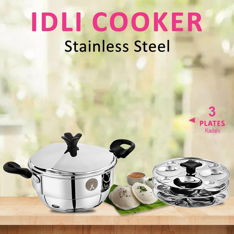 Ammantran Moms Magic stainless Steel Idli Kadahi with Idli Stand 12 Easy to clean Durable Steel Kadai 3300ML - Image 4
