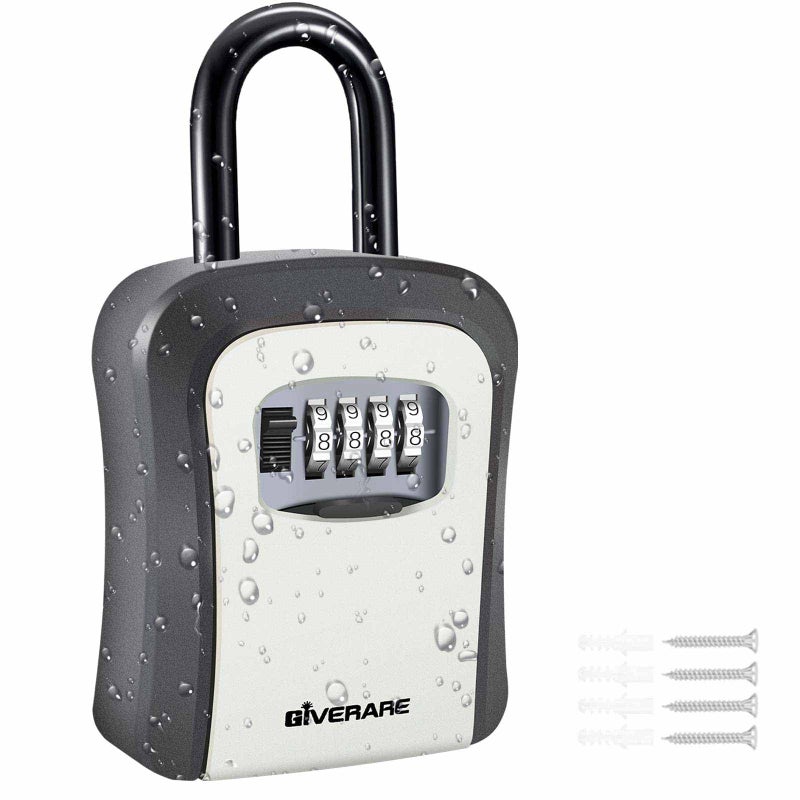 GIVERARE Key Lock Box, 4 Digits Combination Lockbox, Resettable Wall Mount Waterproof Outdoor Key Hider with Removable Shackle, Portable Safe Security Password Box with Mounting Kit & Dust-proof Cover-Grey - Image 1