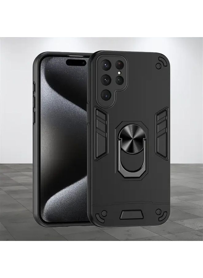 Black 2 In 1 PC TPU Magnetic Ring Stand Phone Case Compatible with Galaxy S24 FE - Image 1