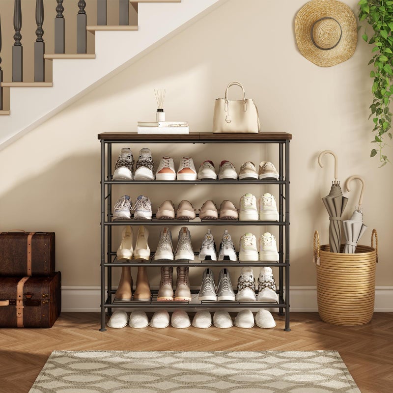 SUOERNUO Shoe Rack Organizer 5 Tier for Closet Entryway Free Standing Metal Storage Shoe Shelf with MDF Top Boardï¼ŒBlack+Rustic Brown - Image 3