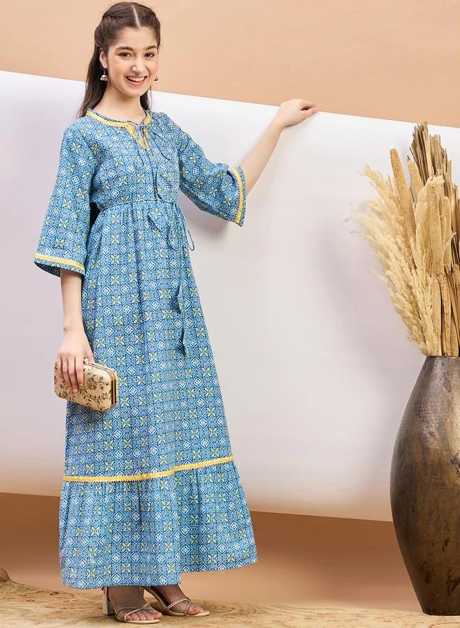 ستايلو بج All Over Print Tie-Up Neck A-Line Maxi Dress by Styli