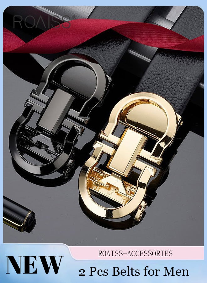roaiss 2 Pcs Automatic Buckle Toothless Men's Belts, Casual Fashion Belts, Sliding Ratchet Belts, Adjustable Belt Buckle, Suitable for Men's Daily and Business Use, 120cm - Image 1