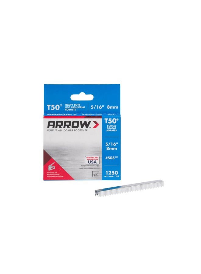 Arrow Fastener 505 T50 5/16" Flat Crown Heavy Duty Steel Staples 1250 per Package - Image 1