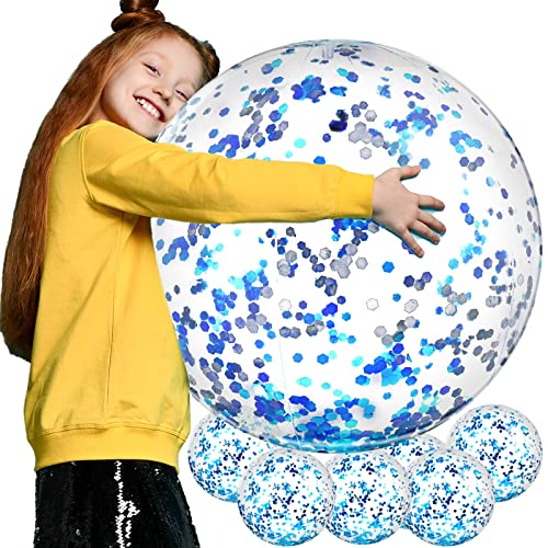 Civaner 6 Pcs Summer Blue Inflatable Glitter Beach Balls 24 Inch Large Sparkly Confetti Swimming Pool Balls Clear Floatable Blow up Water Balloon Toys for Wedding Baby Shower Birthday Party Favor - Image 1