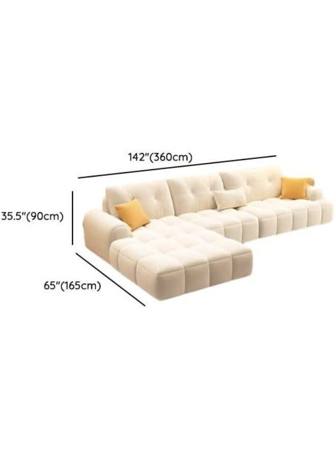 L-Shaped White Plush Sectional with Spacious Chaise, Round Arms & Elegant Tufting â€“ Ideal 5-Seater Sofa for a Stylish Living Room (Left Chaise)