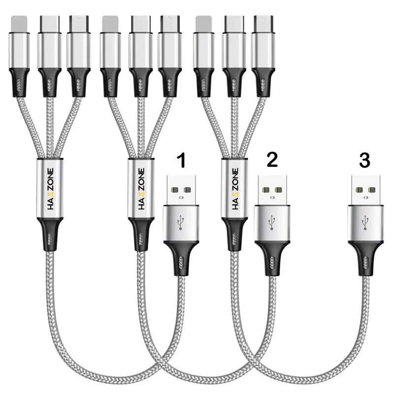 Hamzone كابل شحن متعدد 3 في 1 من هامزون - عبوة 3 قطع 1.2 متر USB C، لايتنينغ، كابل شحن سريع مايكرو USB - Image 1