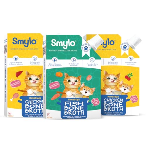 Smylo Daily Hydration Booster, Chicken & Fish Bone Broth for Cats (2+1 Combo) | Best with Dry Food | Rich in Collagen for Bones & Joints | Omega 3 & 6 for Shiny Fur & Coat | Cat Food Topper - Image 1