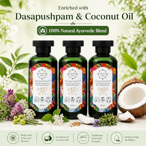 Nature's Veda Dasapushpam Baby Massage Oil 200ml – Ayurvedic Virgin Coconut Oil for Newborns | Natural Skin Immunity Booster | Nourishing & Non-Sticky Formula for Baby's Growth & Hydration - Image 2