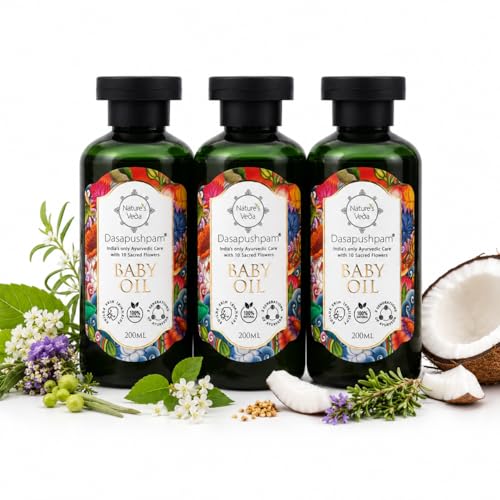 Nature's Veda Dasapushpam Baby Massage Oil 200ml – Ayurvedic Virgin Coconut Oil for Newborns | Natural Skin Immunity Booster | Nourishing & Non-Sticky Formula for Baby's Growth & Hydration - Image 1