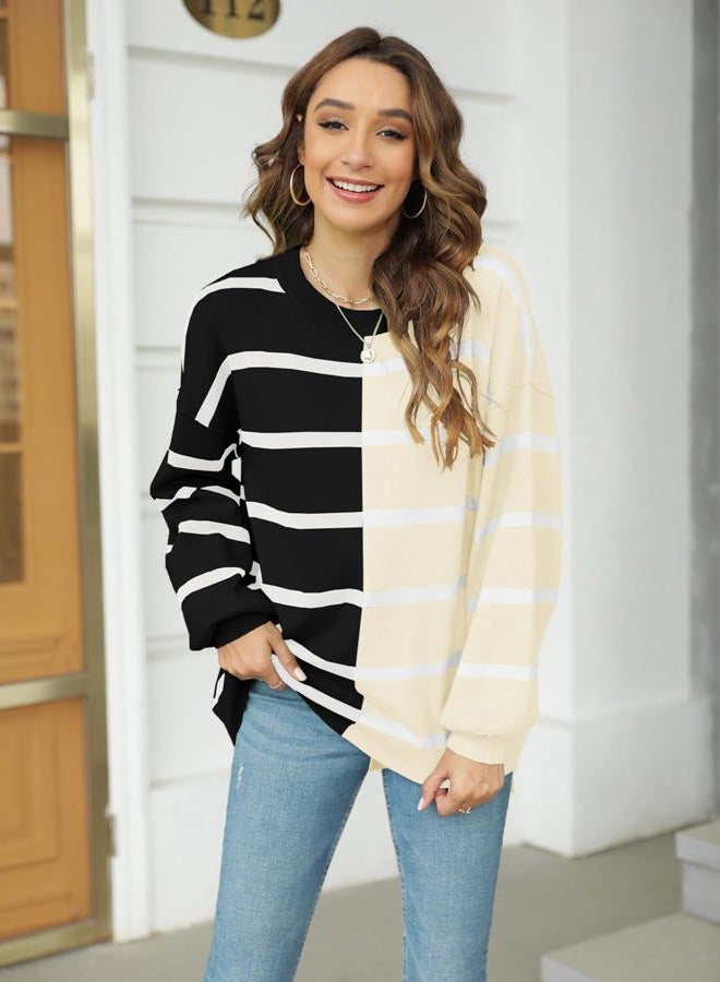 Fisoew Womens Striped Pullover Sweater Crew Neck Long Sleeve Knitted Color Block Casual Loose Lightweight Sweaters for Women, 1-black, XL - Image 2