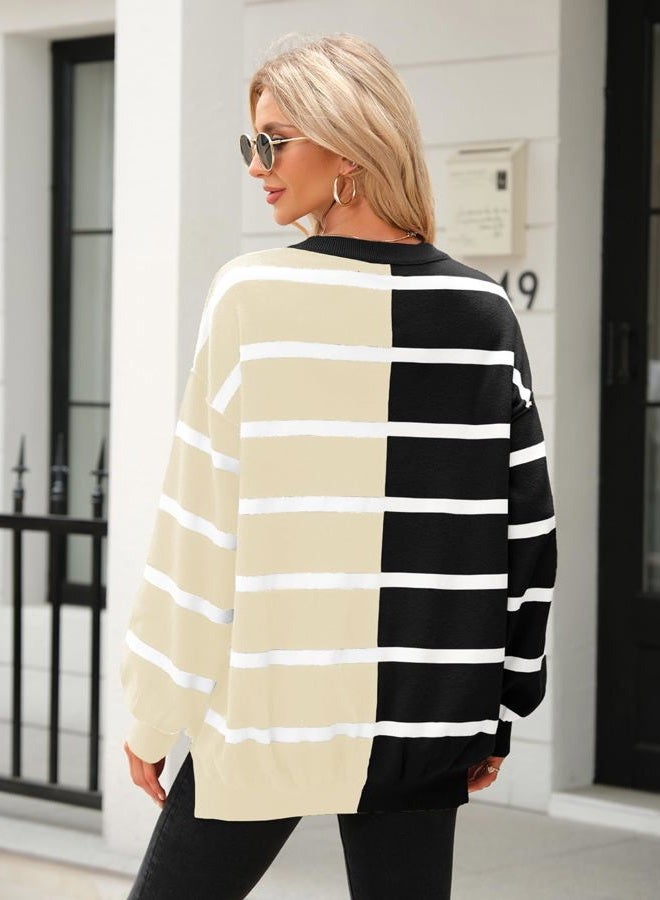 Fisoew Womens Striped Pullover Sweater Crew Neck Long Sleeve Knitted Color Block Casual Loose Lightweight Sweaters for Women, 1-black, XL - Image 4