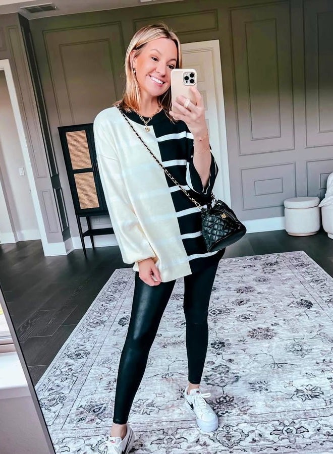 Fisoew Womens Striped Pullover Sweater Crew Neck Long Sleeve Knitted Color Block Casual Loose Lightweight Sweaters for Women, 1-black, XL - Image 5