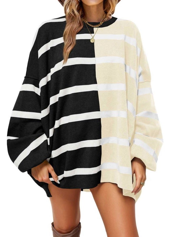 Fisoew Womens Striped Pullover Sweater Crew Neck Long Sleeve Knitted Color Block Casual Loose Lightweight Sweaters for Women, 1-black, XL - Image 1