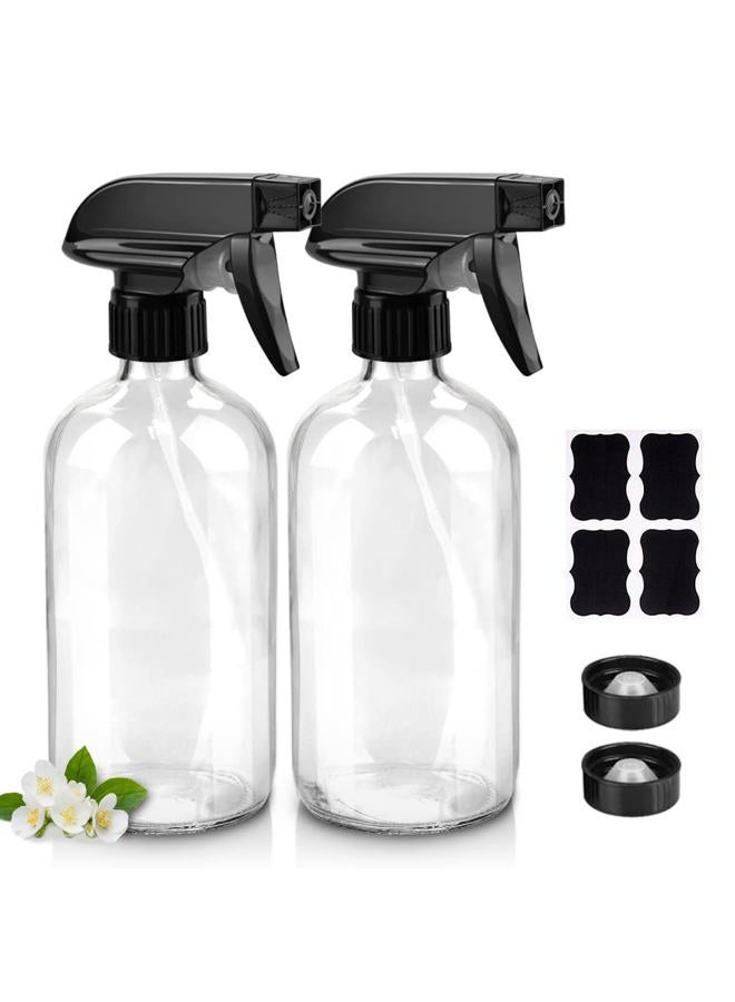 Worldgsb Glass Spray Bottles, 16oz Refillable Containers, Empty Boston Round Bottles with Labels & Adjustable Nozzle for Cleaning, Gardening, Aromatherapy, Pets, Plant, Hair -Clear (2 Pack) - Image 1