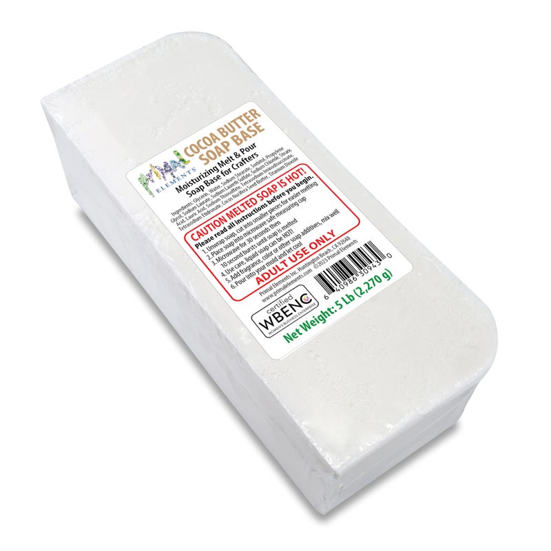 Primal Elements Cocoa Butter Soap Base - Moisturizing Melt and Pour Glycerin Soap Base for Crafting and Soap Making, Easy to Cut - 5 Pound - Image 1