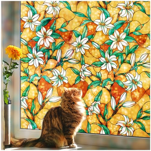 Coavas Decorative Window Privacy Film Heat Control Sun Blocking Stained Glass Window Film Floral Design Static Cling Non Adhesive Windows Tint for Bathroom Front DoorVinyl 175 x 787