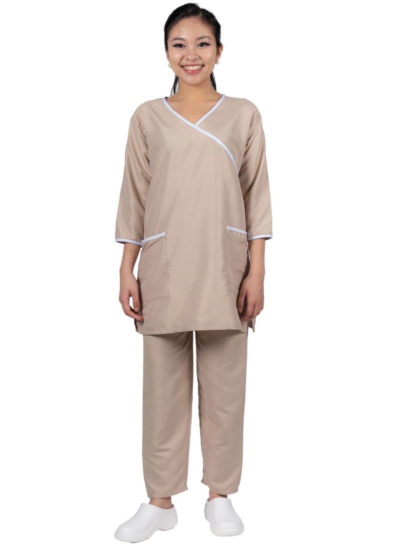 طقم زي خادمة منزلية/خادمة/مربية محترفة بأكمام ثلاثة أرباع، مع بنطال مطابق من القطن