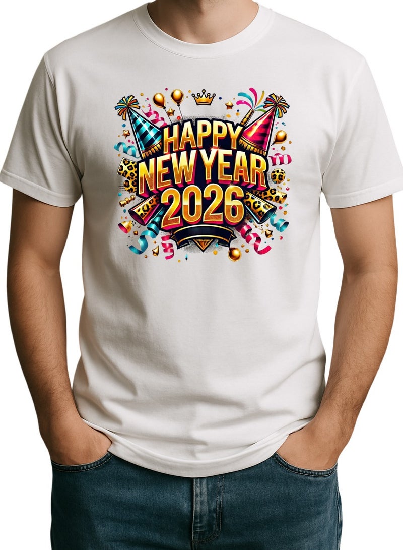 تيشيرت برسومات "عام جديد سعيد 2026" - أبيض - طباعة نص ذهبي وقبعات حفلات - للجنسين - Image 1