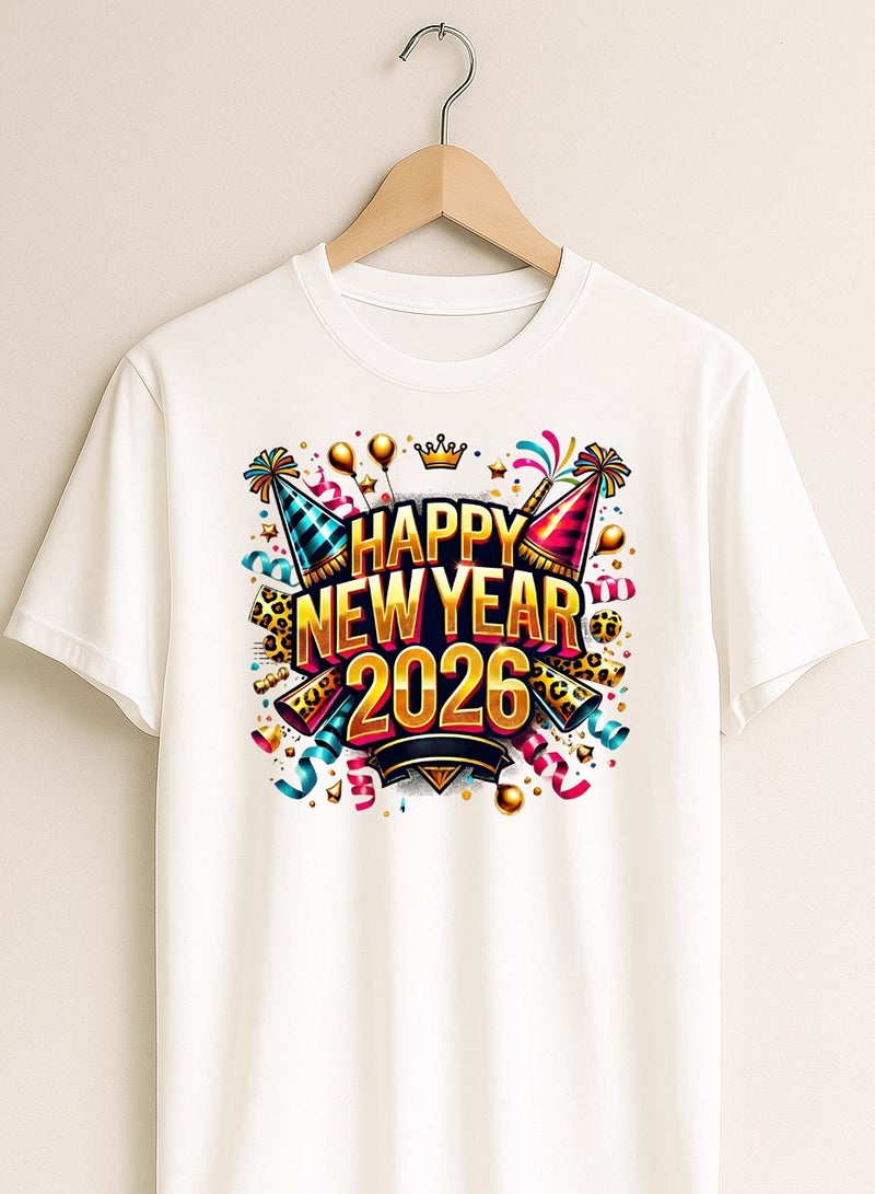تيشيرت برسومات "عام جديد سعيد 2026" - أبيض - طباعة نص ذهبي وقبعات حفلات - للجنسين - Image 2