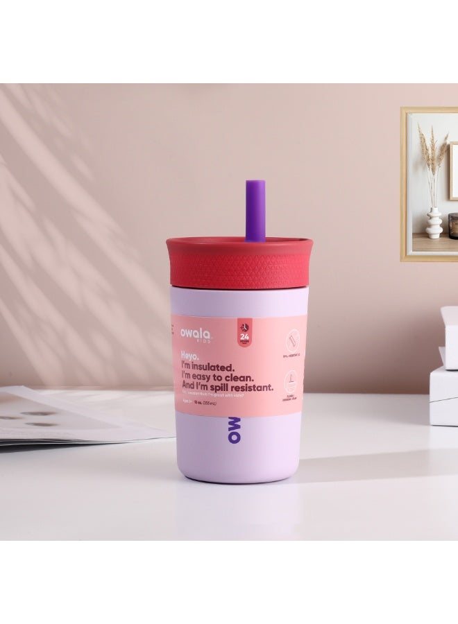 Owala Kids Insulated Stainless Steel Tumbler 12oz with Straw, Leakproof Silicone Sleeve Cup Portable Sport Water Bottle for Children (Pink and Purple) - Image 1