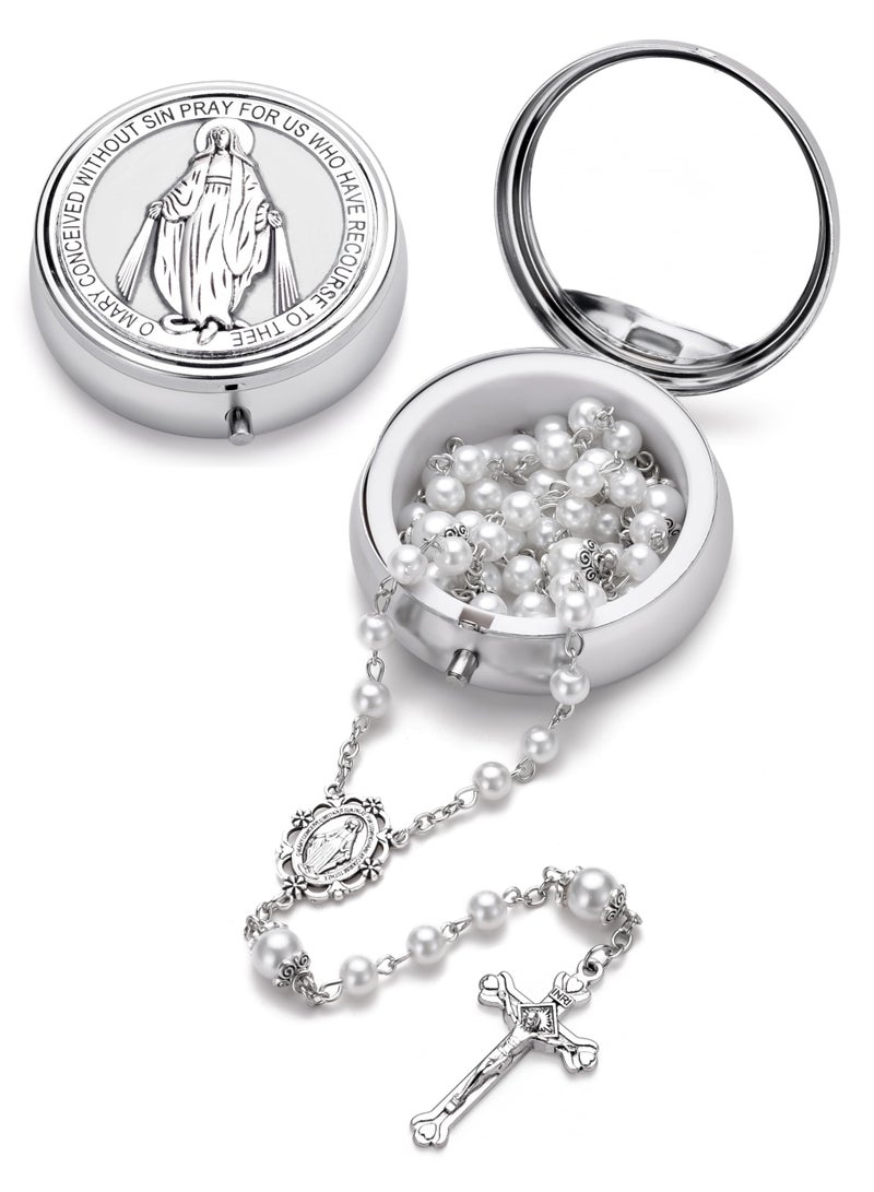 SZQCZB Rosary for Women with Case and 18pcs Prayer Cards, First Communion Gifts for Girls, Glass Pearl Beads and Virgin Mary Medal, Catholic Gifts - Image 5