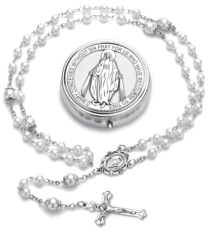 SZQCZB Rosary for Women with Case and 18pcs Prayer Cards, First Communion Gifts for Girls, Glass Pearl Beads and Virgin Mary Medal, Catholic Gifts - Image 2