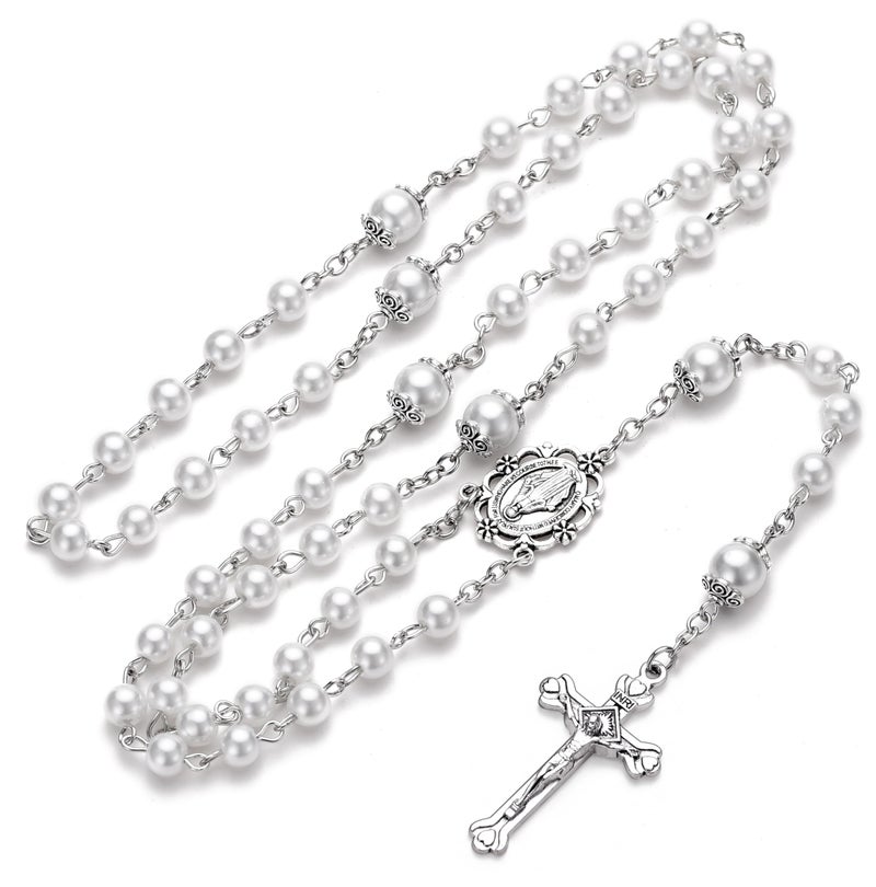 SZQCZB Rosary for Women with Case and 18pcs Prayer Cards, First Communion Gifts for Girls, Glass Pearl Beads and Virgin Mary Medal, Catholic Gifts - Image 3